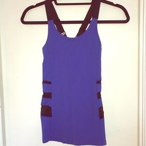 Beyond Yoga cobalt blue tank w/ black mesh details
